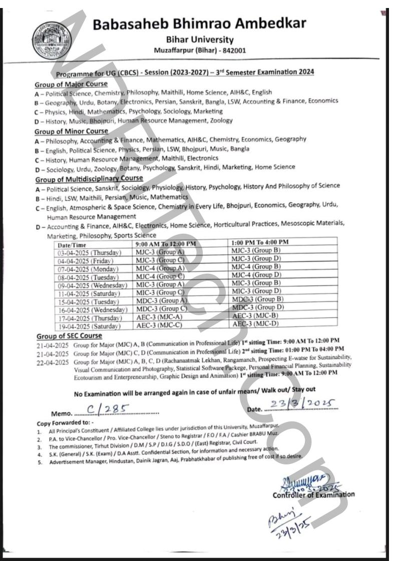 BRABU 3rd Sem Exam Date 2023-27 BA BSc BCom Graduation