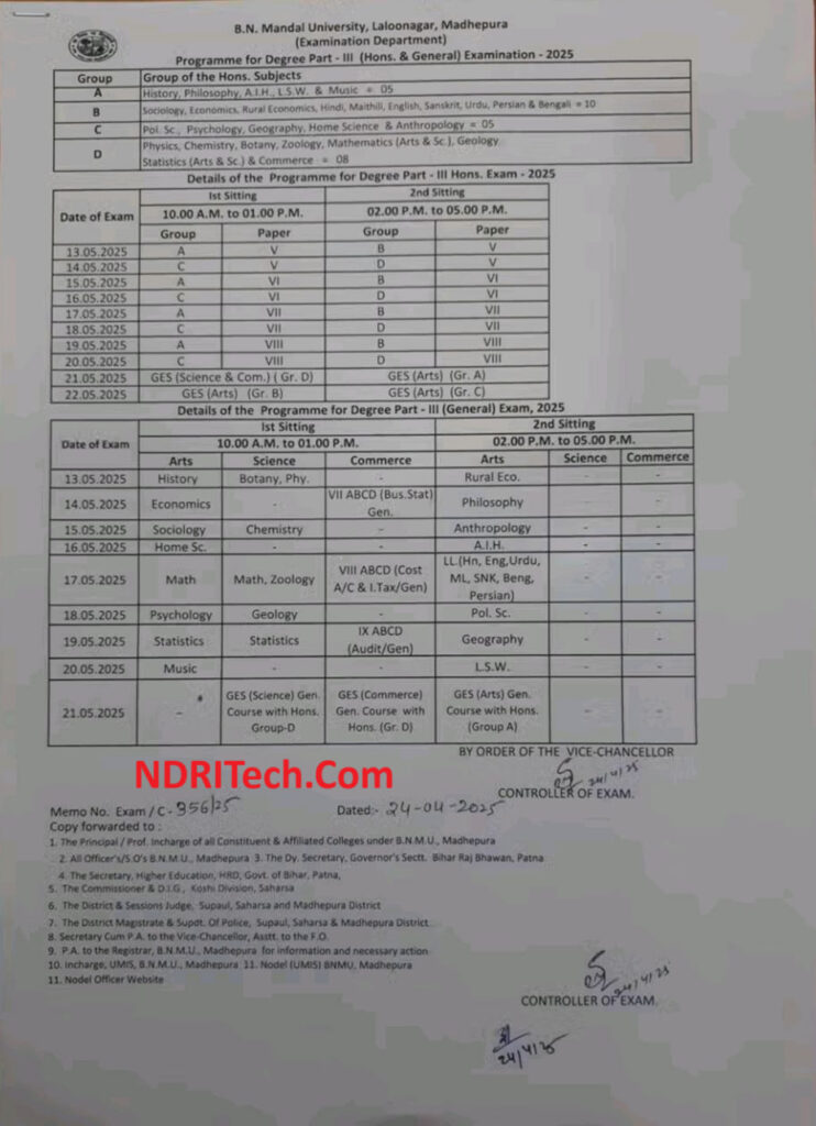 BNMU Part-3 Exam Date 2025 MA MSc MCom Session 2022-25