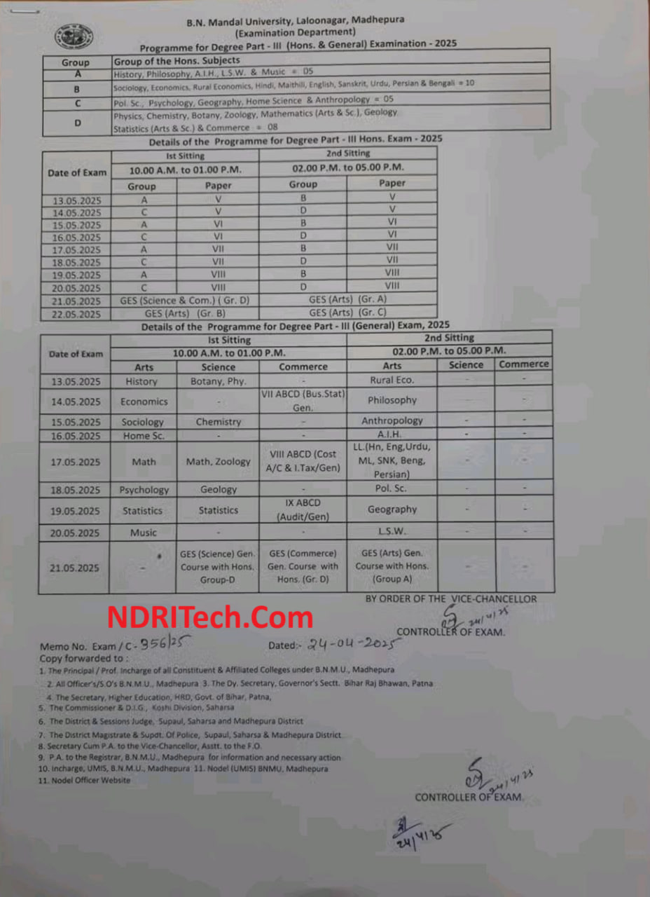 BNMU Part-3 Exam Date 2025 MA MSc MCom Session 2022-25