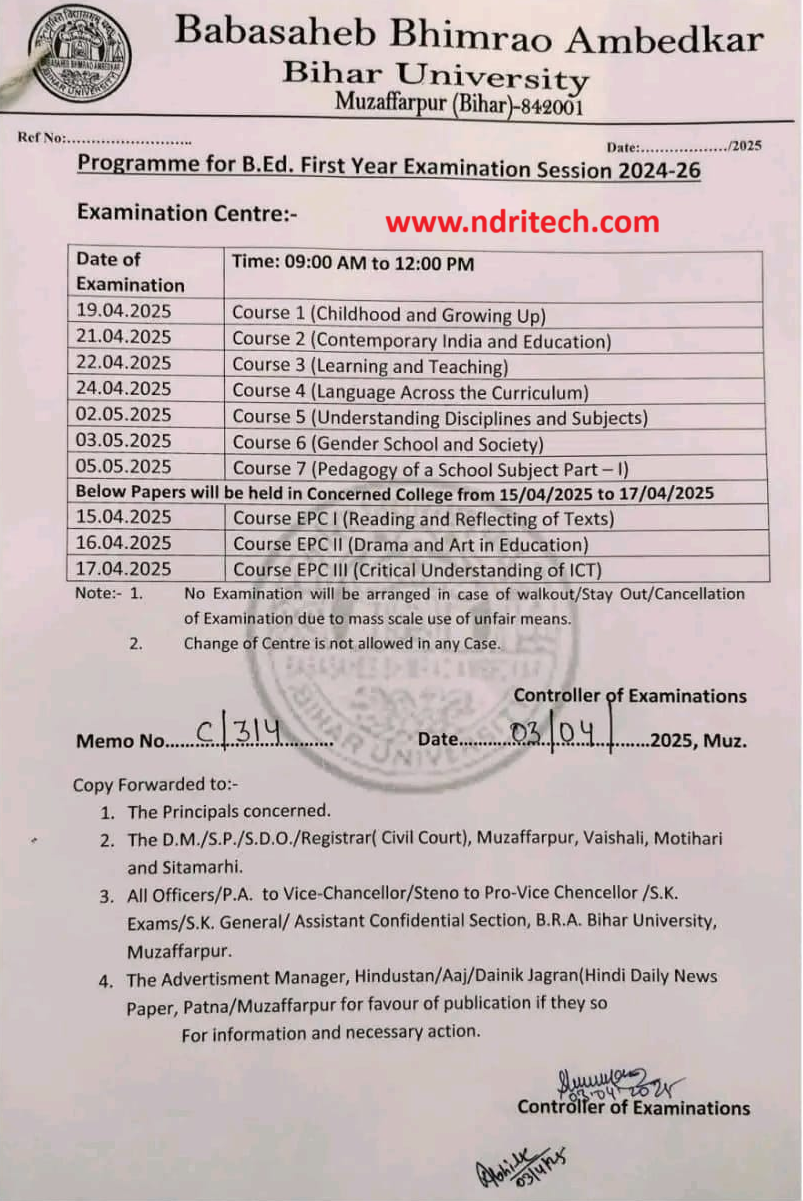 BRABU BEd Part 1 Exam Date 2025 Schedule Download Link