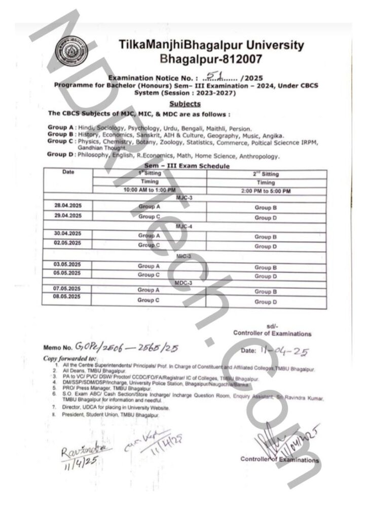 TMBU Graduation 3rd Semester Exam Schedule Center List 2025 BA BSc BCom 2023-27