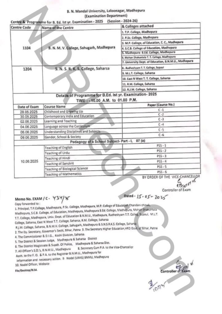 BNMU BEd Part 1 Exam Schedule 2025 Session 2024-26