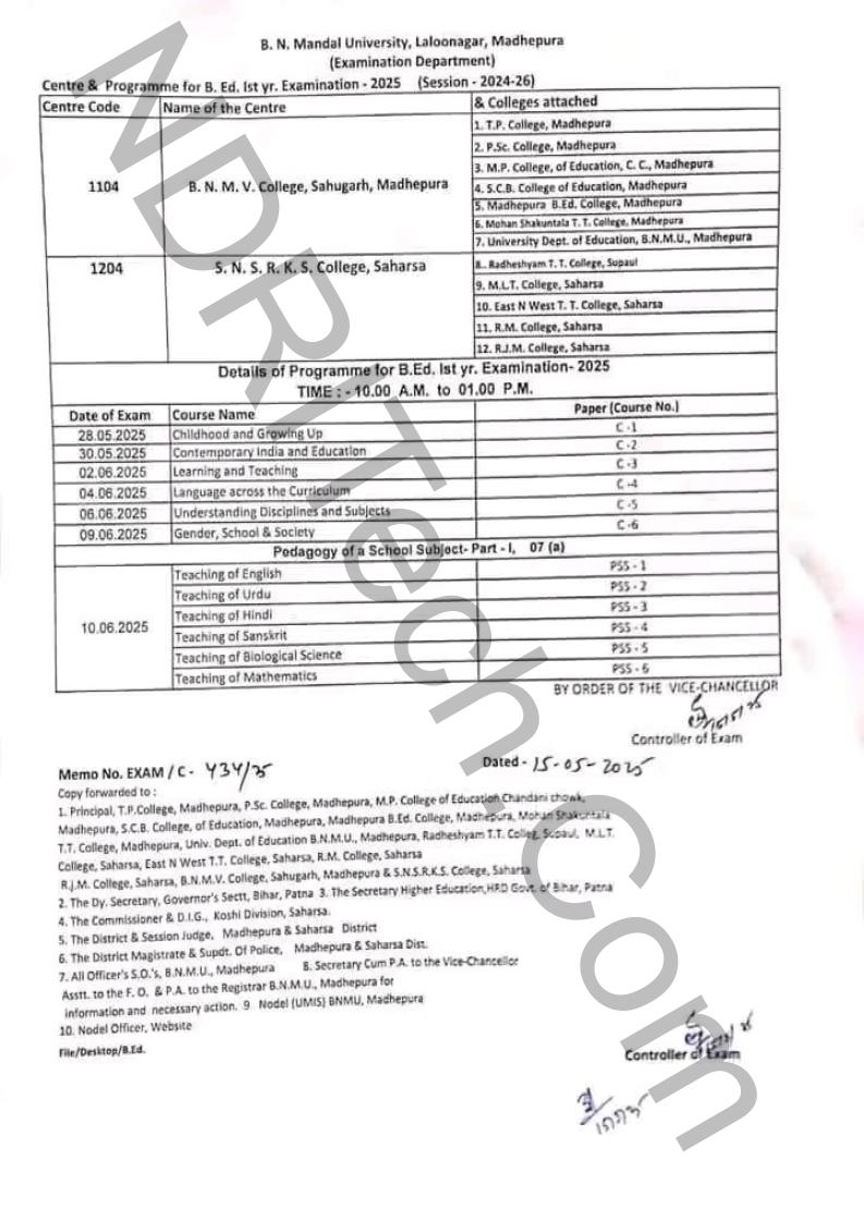 BNMU BEd Part 1 Exam Schedule 2025 Session 2024-26