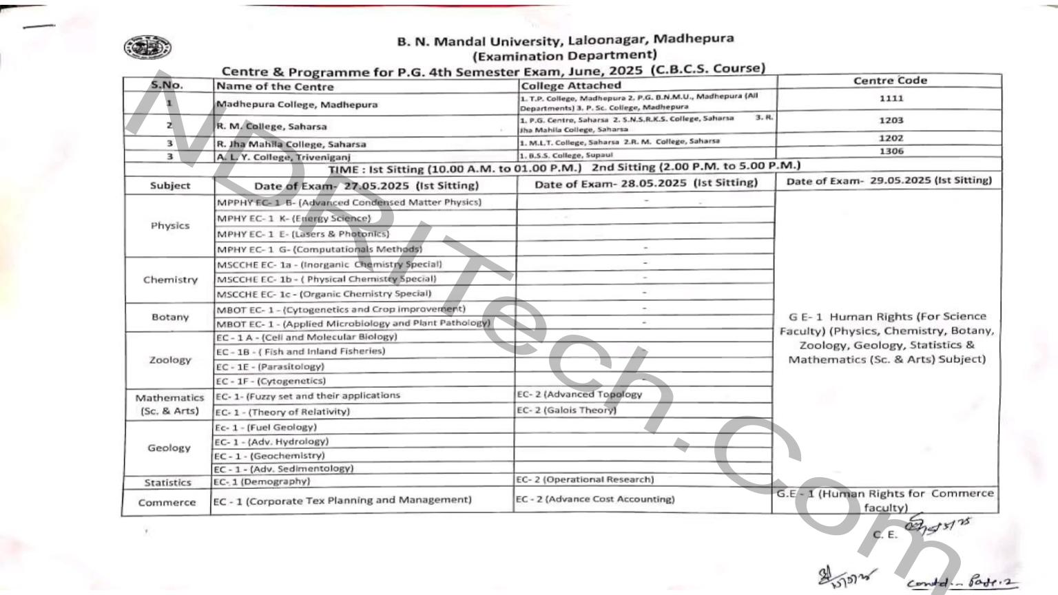 BNMU PG 4th Sem Exam Date 2025 Session 2023-25