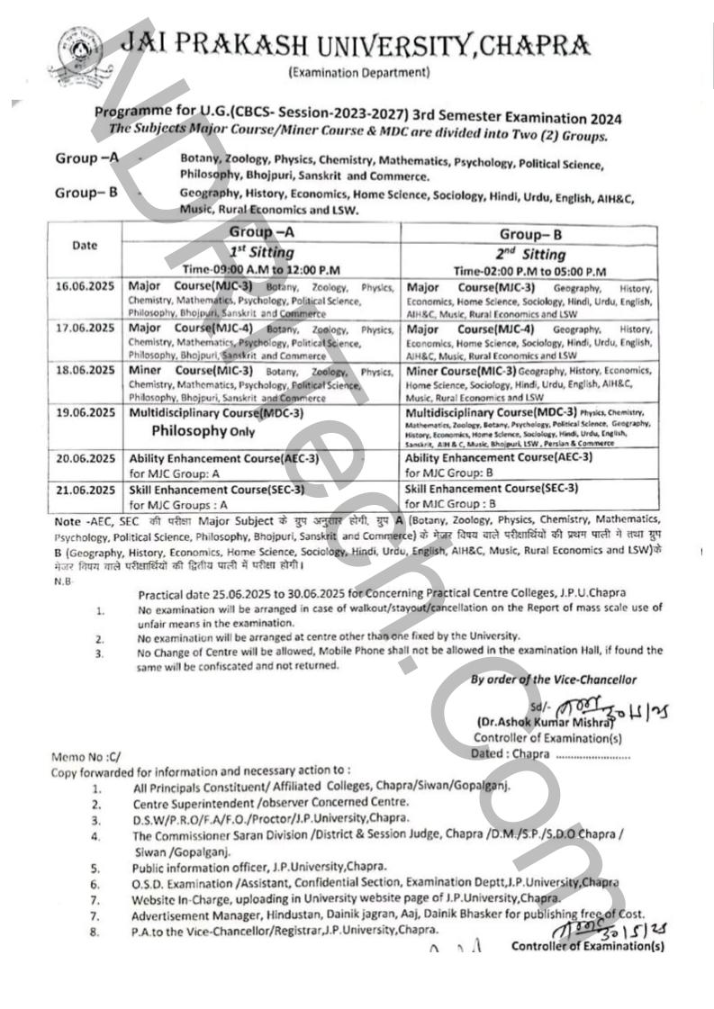 JP University BA BSc BCom 3rd Sem Exam Date 2025 Session 2023-27