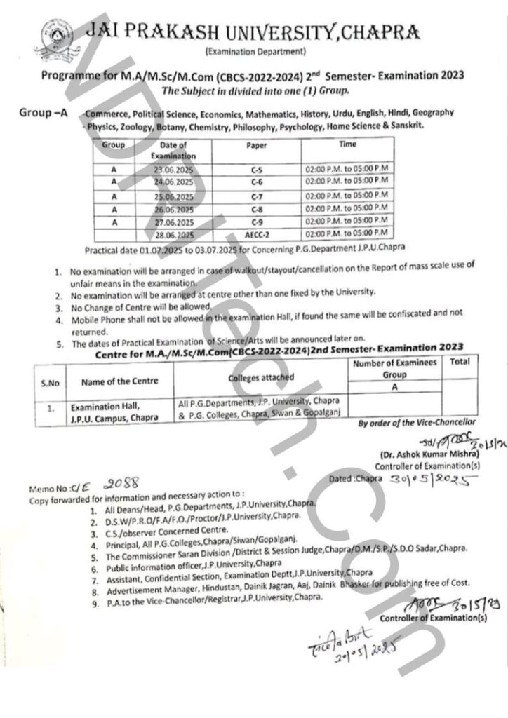 JP University PG 2nd Sem Exam Date 2025 MA MSc MCom 2022-24