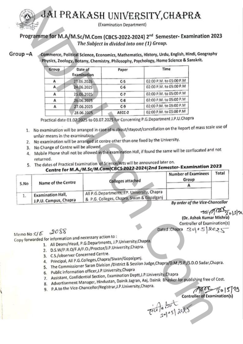 JP University PG 2nd Sem Exam Date 2025 MA MSc MCom 2022-24