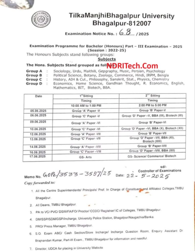 TMBU BA BSc BCom Part-3 Exam Schedule 2025