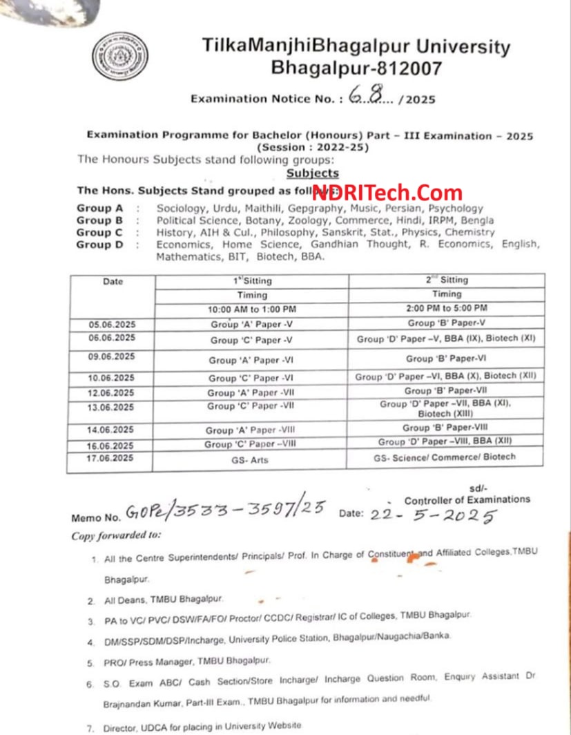 TMBU BA BSc BCom Part-3 Exam Schedule 2025