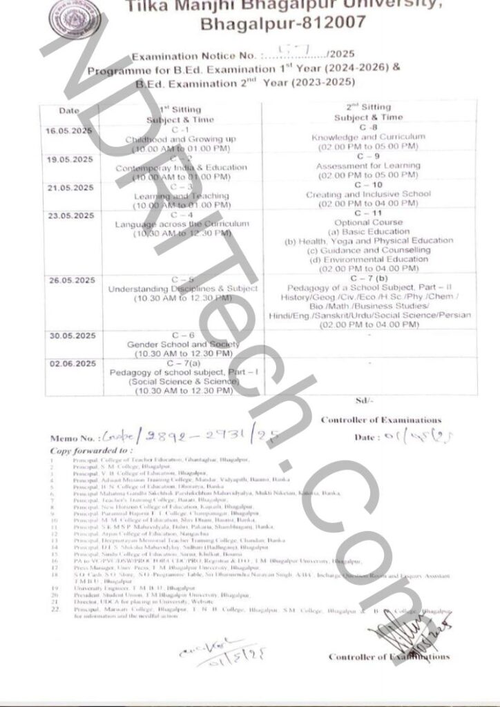 TMBU BEd Part 1 & Part 2 Exam Schedule 2025 Session 2024-26 and 2023-25