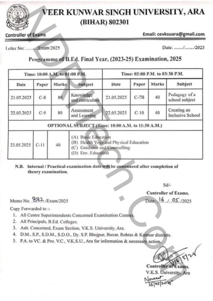 VKSU BEd Part 2 Exam Schedule 2025 for Session 2023-25
