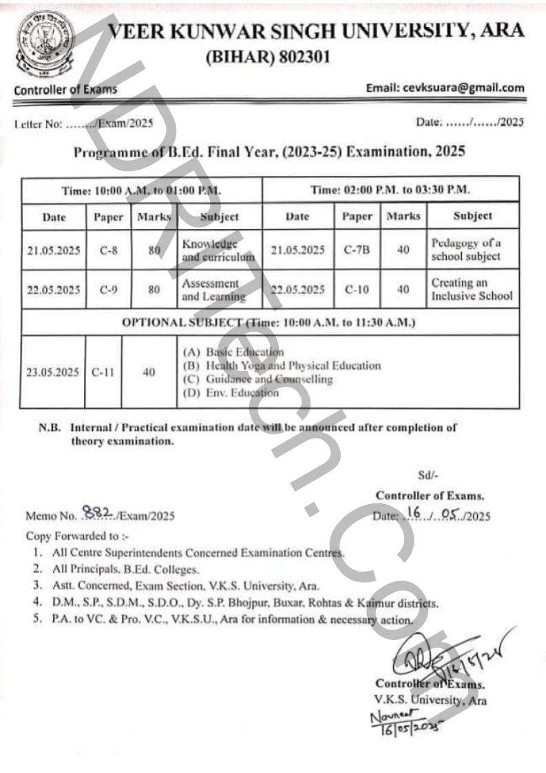 VKSU BEd Part 2 Exam Schedule 2025 for Session 2023-25