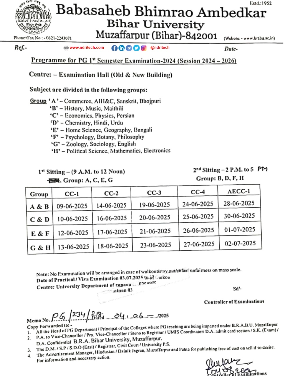 BRABU PG 1st Sem Exam Schedule 2025 MA MSc MCom 2024-26