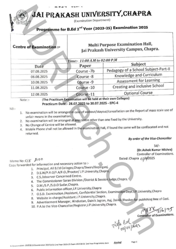 JPU BEd 2nd Year Exam Schedule 2025 Session 2023-25