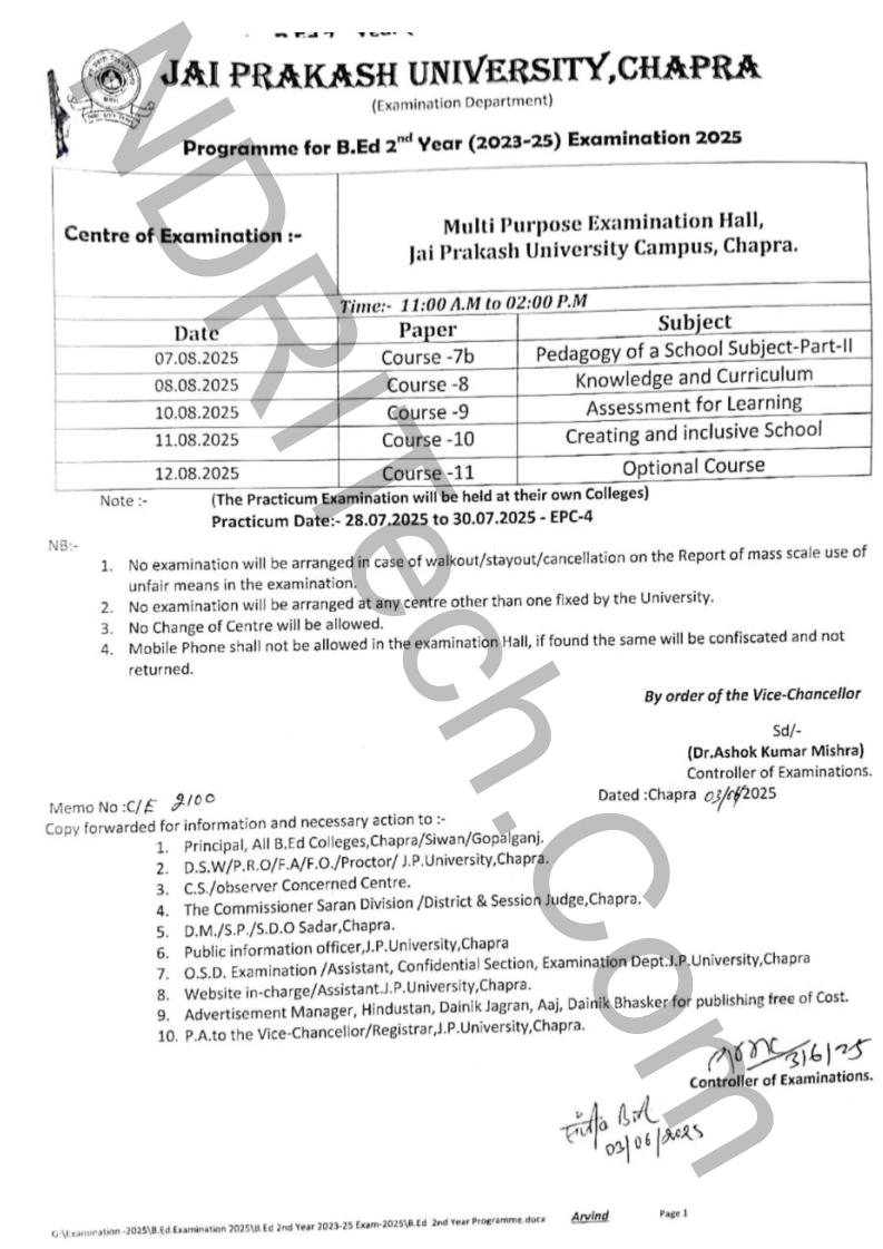 JPU BEd 2nd Year Exam Schedule 2025 Session 2023-25