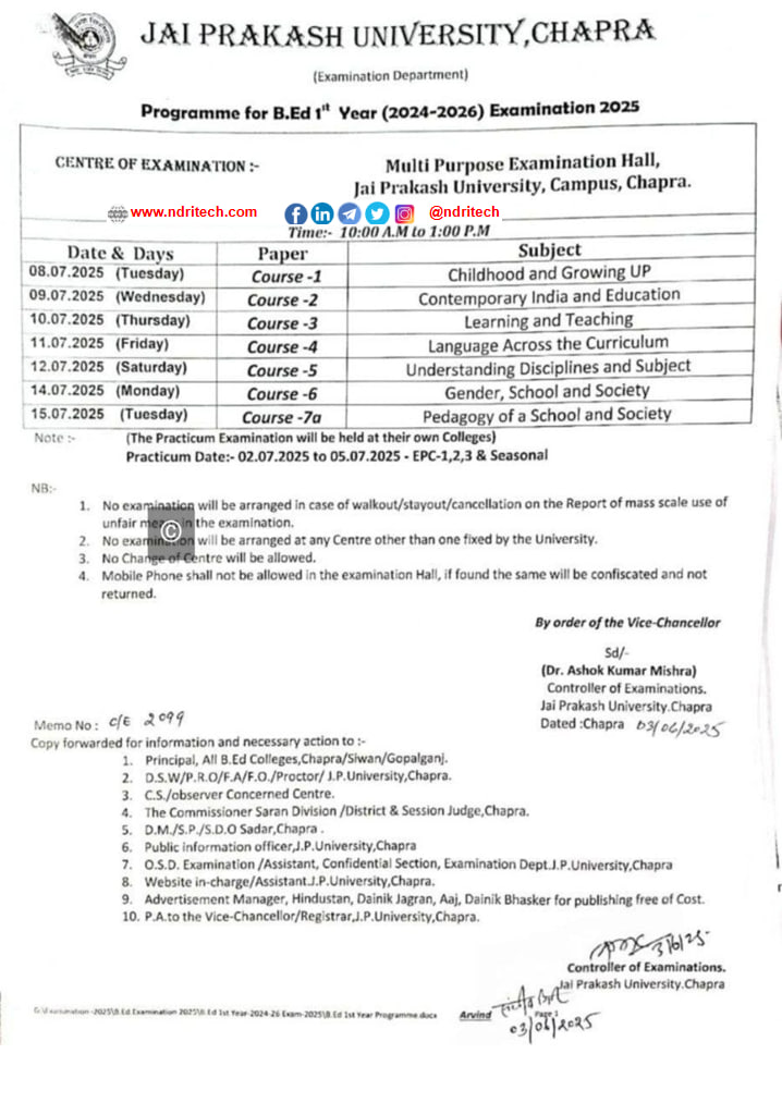 JPU BEd Part 1 Exam Schedule 2025 Session 2024-25