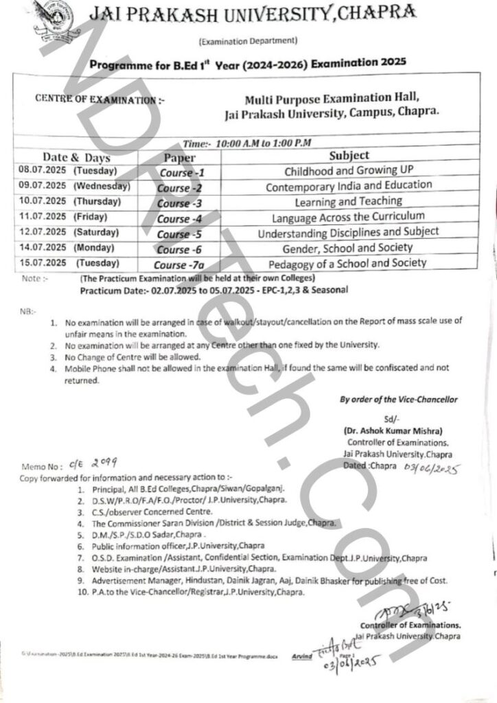 JPU BEd Part 1 Exam Schedule 2025 for Session 2024-26