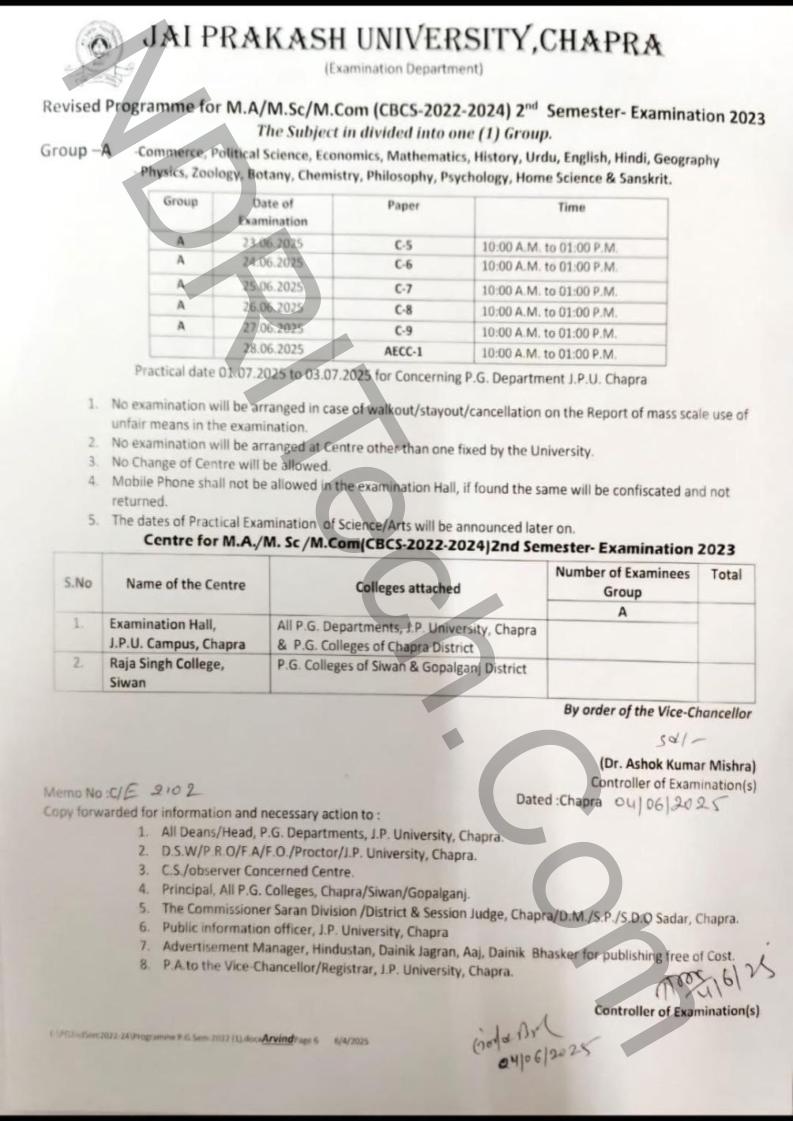 JPU PG 2nd Sem Revised Exam Schedule 2025 MA MSc MCom 2022-24