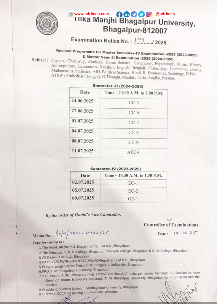 TMBU PG 2nd 4th Sem New Exam Schedule 2025 Revised Exam Schedule