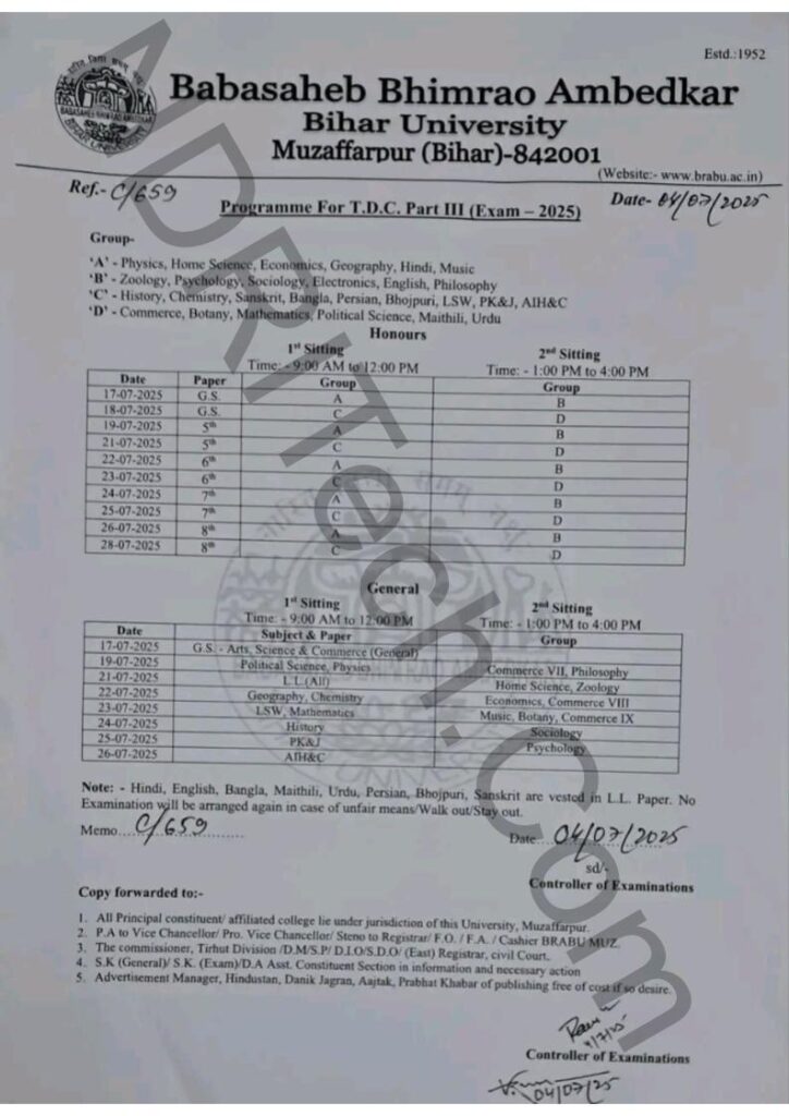 BRABU Part 3 Exam Schedule 2022-25 BA BSc BCom BRA BIhar University