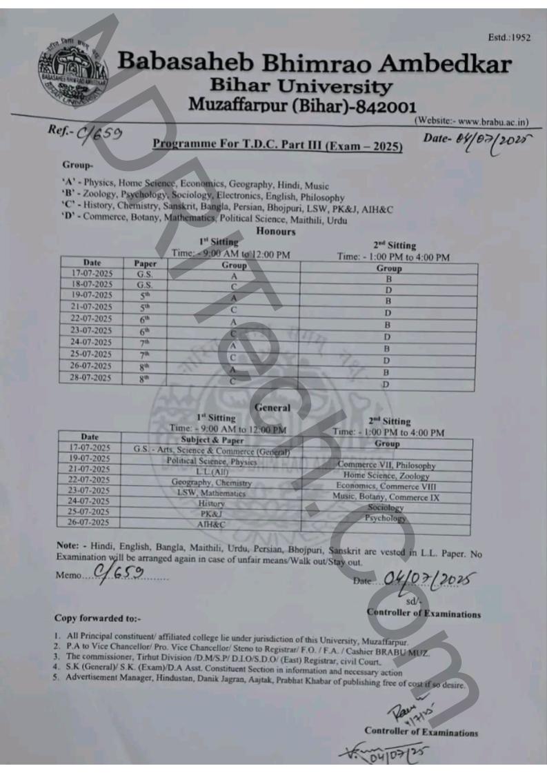 BRABU Part 3 Exam Schedule 2022-25 BA BSc BCom BRA BIhar University