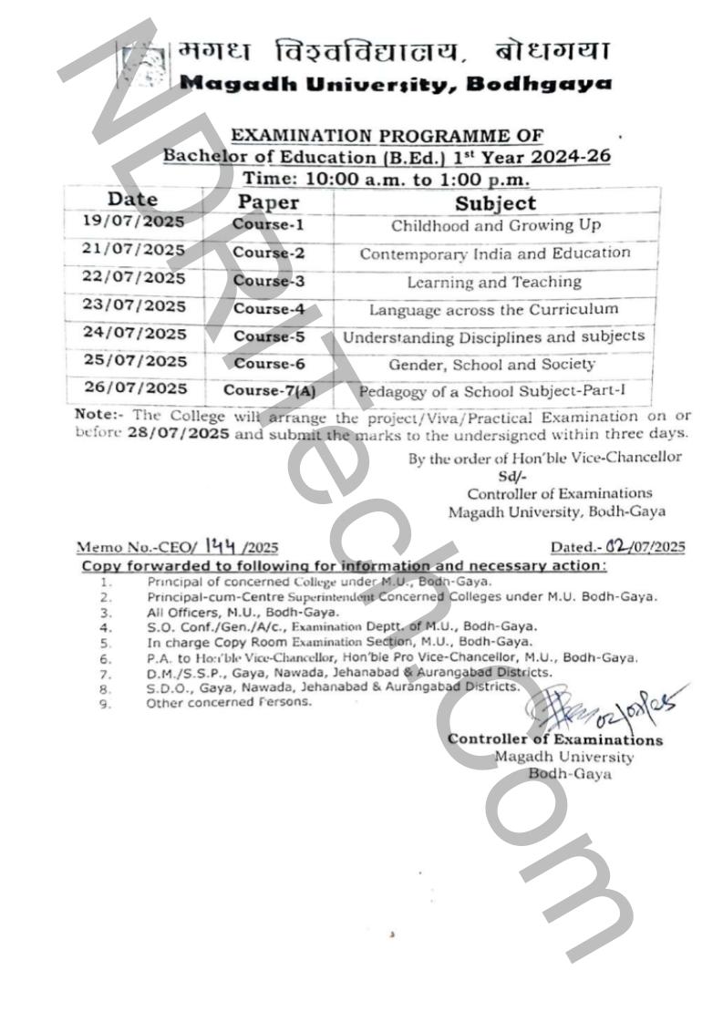 Magadh University BEd Part 1 Exam Date 2024-26