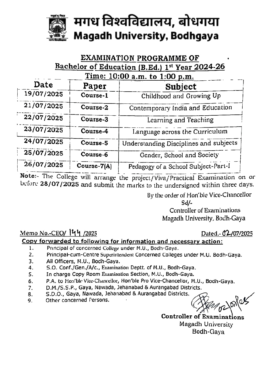 Magadh University BEd Part 1 Exam Schedule 2024-26